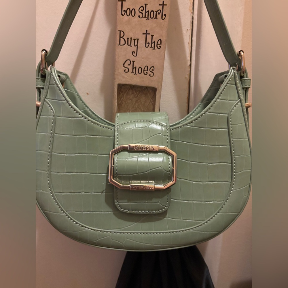 GUESS-Mint Green-Croc-Embossed-Mini Shoulder Bag With Matching Zip Around Wallet